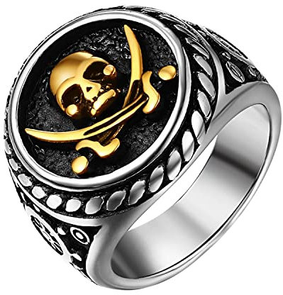 JewelryWe Schmuck Herren-Ring Retro Pirate Seeräuber Ring Siegelring mit Totenkopf Schädel und gekreuzten Schwerter Edelstahl Biker Schädelring für Halloween Gravur, Gold Silber Größ4 70