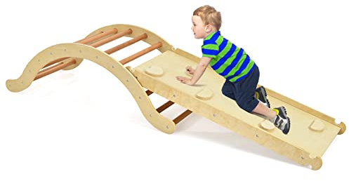 LIFEZEAL 3 en 1 Triangle d'escalade Arc-en-Ciel pour Enfants avec Rampe Double Face et Coussin, Aire de Jeux d'Intérieur en Bois de Hêtre, Jouets pour Enfants, (Naturel)