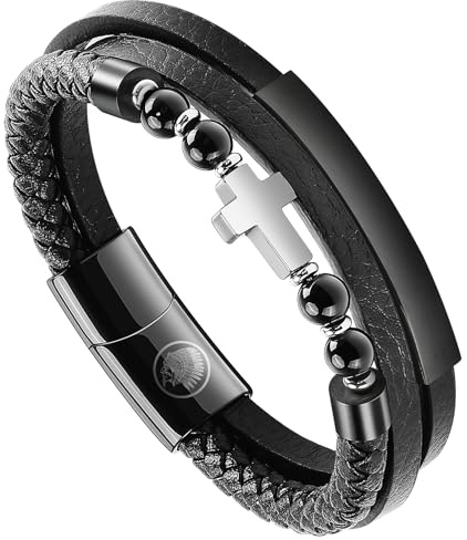 Casisto.J Pulsera Cuero Hombre - Pulsera Trenzada Hecha a Mano clásica en Negro Cristiana Crucifixión con Cierre magnético, Caja de Regalo