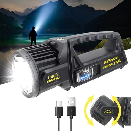 LETOUR Rechargeable LED Torch, 350000 Lumens Powerful Torches Spotlight with 350° Rotate Head, 3000mAh Super Bright Seachlight Flashlight Torch 9 Modes, IPX6 Waterproof Solar Troch for Emergencies