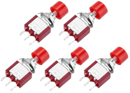 sourcing map 5 Pcs 2A/5A 250V AC/120V AC 7mm Mini Momentary Push Button Switch SPST NO+NC Red Switch Button with Soldering Foot for Electronic Devices