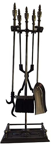 Lot de 5 outils robustes en fonte pour cheminée - 78,7 cm - Pour salon, extérieur, intérieur - Pince, pelle, brosse, tisonnier inclus