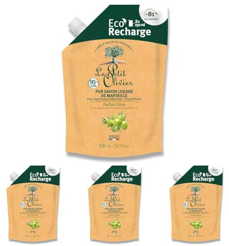 LE PETIT OLIVIER - Éco-Recharge Pur Savon Liquide De Marseille - Parfum Olive De Grasse - Nettoie La Peau En Douceur - 95% D'Origine Naturelle - Fabriqué En France - 500ml (Lot de 4)