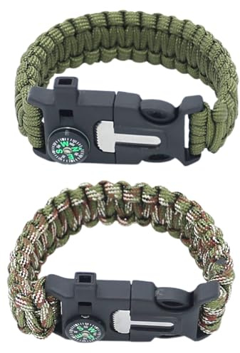 NJCXOLA Pulsera de Supervivencia Multifuncional, 2 Piezas con Flint, Brújula, Silbato, Adecuada para Senderismo, Acampada, Montañismo y Actividades al Aire Libre