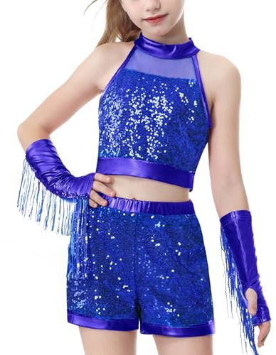LOLANTA Costume de Danse Filles à Paillettes, Ensemble Gymnastique et Danse Brillant pour Enfants, Tenue Jazz, Moderne et Street Dance avec Haut Court et Short(Bleu, 8-9 Ans, 140)
