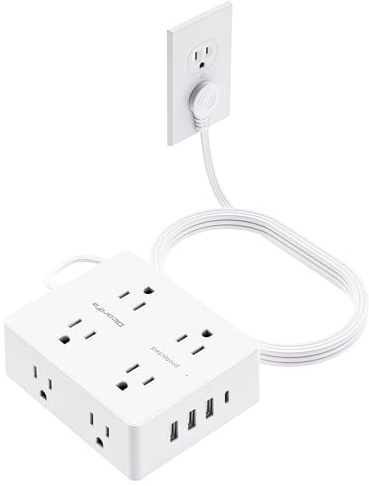 Surge Protector Power Strip 10 ft Cord, Olcorife Ultra Thin Flat Plug Extension Cord, 8 Outlets 4 USB Ports(1 USB C), Flat Plug Outlet Extender, College Dorm Room Essentials, White