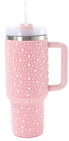 HOUQIXINXIU Pearl Tumblers for Women 40 oz,Stainless Steel Insulated Coffee Travel Mug,Bling Crystal Water Cup for Home and Office,Pink