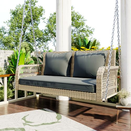 BTM Balancelle de Jardin 2 Places avec Coussins Gris Amovibles, Balançoire Suspendue de Jardin en Rotin, Balançoire Hollywoodienne avec 2 Chaînes en Métal, Chaise hamac Suspendue, Beige