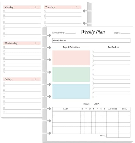 9 Disc Weekly Planner Undated Refills - Classic Size 53 Sheets/106 Pages Colorful Weekly Planner for Happy Planners Insert, 100 gsm White Paper, Lasts 1 Year, Undated, 7 x 9.25