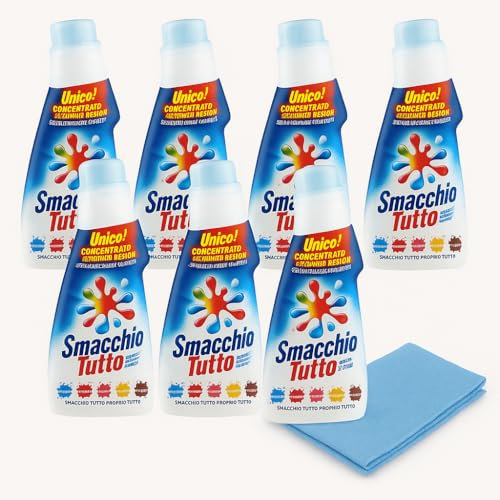 Smacchio Tutto Concentrato, Efficace su Tutte le Macchie, Dotata di Spazzolina Erogatrice, Usare Prima di Lavare, 250ml + OMAGGIO 1 Panno Magico 30x30cm (7 Flaconi + 1 Panno)