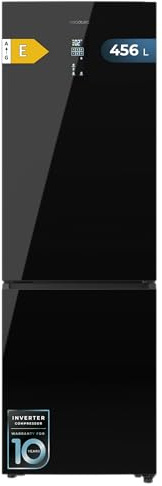 Cecotec Frigorífico Combi Total No Frost Bolero CoolMarket Combi 456 Black Glass E, 456 L, Alto 201 cm y 59,5 cm Ancho, MAX INSIDE con VIP tech, Compresor Inverter Plus, Botellero y Bandejas Cristal