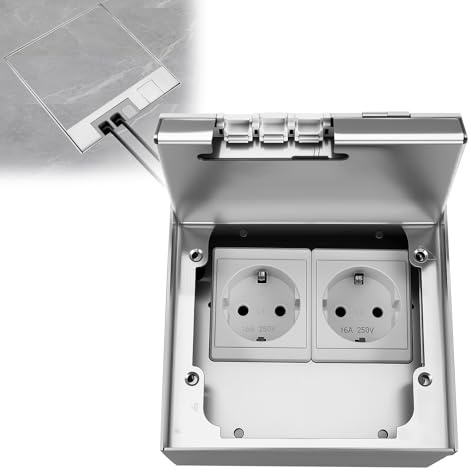 Strixorn Bodentank Bodensteckdose, Edelstahl-Einbausteckdose aus Edelstahl mit 2 EU Steckdosen, 16A 4000W AC 250V, IP54 Wasserdichte Bodeneinbaudose innen für Küche, Büro, Wohnzimmer, Homeoffice