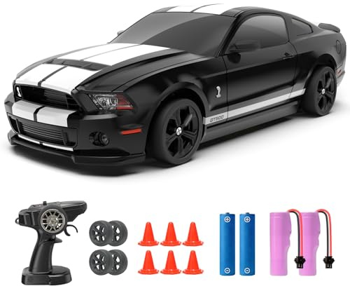 YONCHER Coche Teledirigido, 1:24 20KM/H RC Drift Coche, Ford Mustang Shelby GT500 con Licencia Oficial, 2.4GHz 4WD Drift RC Car con Luces,para Niñas Adultos, Negro