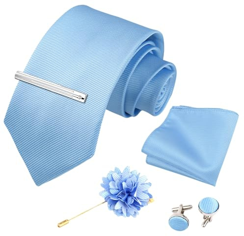 Xynovate Cravatta Uomo Elegante Set, Cravatta da Uomo in Twill con Design in Tinta Unita con Gemelli Pocket Square, Fermacravatta e Spilla Floreale per Feste, Business, Matrimoni