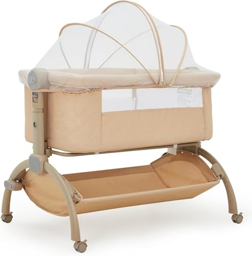 Garvee Beistellbett Baby, 3-in-1 Babybett Reisebett Stubenwagen, Höhenverstellbares Kinderbett mit Matratze, Moskitonetz & Ablagekorb, Beistellbettchen für Neugeborene, Khaki
