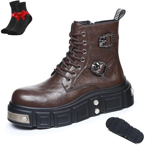 SYT-MD Bottines Gothiques Punk for Hommes, Bottines À Lacets, Bottes De Travail En Cuir À Plateforme Épaisse for Hommes Et Femmes