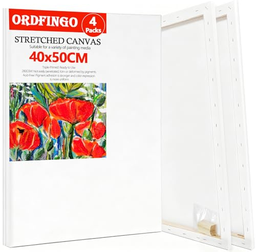 Ordfingo Stretched Canvas for Painting - 4 Packs 40x50CM, 280GSM Canvas Set | Large Blank Artist Canvases with Wedges, Triple Primed, Acid Free Painting Canvas Boards for Acrylic, Oil, Watercolor Paint