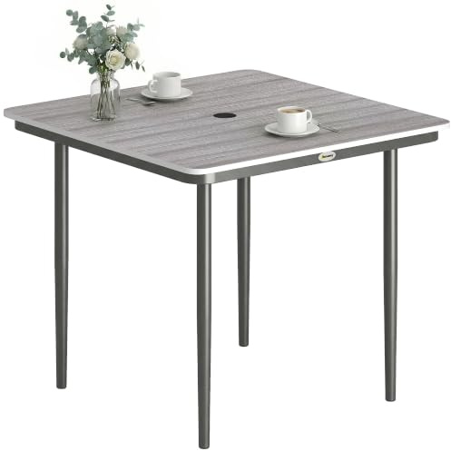 Outsunny Table de Jardin Rectangulaire pour 4 Personnes 85x85x72,5 cm Gris | Table à Manger Extérieure, Avec Trou de Parasol, Pieds en Métal, pour Balcon, Porche, Terrasse