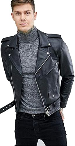 Lishow Fashion Men's Biker Rider Motorcycle Motorbike Rocker Retro Genuine Cowhide Black Leather jacket By Reclaimed Vintage (US, Alpha, Medium, Regular, Regular, Black)