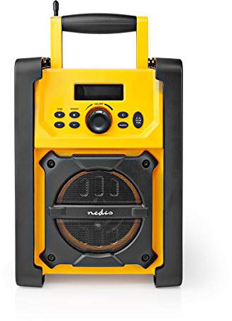 Nedis Job Site FM Radio with Bluetooth, IPX5 Water Resistant Portable Heavy Duty Speaker with AUX In, 20 Presets & Carry Handle, Battery or Mains Powered - Yellow