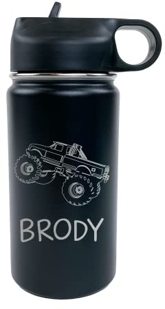 The Crafty Engineer Personalized Monster Truck Water Bottle for Kids - Monster Truck Design for Boys, Girls & Toddlers - Perfect for School & Sports (Black)