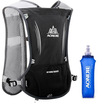 Laufrucksack Trinkrucksack 5L Leichter Laufen Rucksack Fahrradrucksack mit Optional Trinksystem für Damen Herren (Schwarz mit 500ml Trinkflasche)