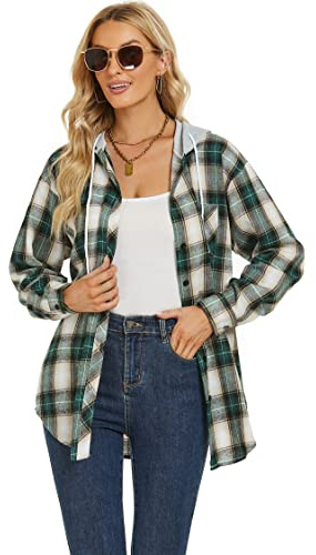 Womens Button Down Flannel Shirt Oversized Plaid Hoodie Long Sleeve Checked Shirts Green Khaki