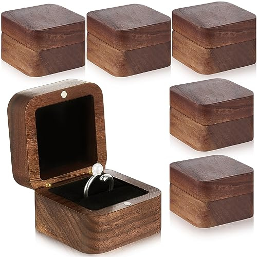 Loetere 6 Pcs Square Wooden Ring Boxes for Wedding Ceremony Proposal Mini Engagement Ring Gift Holder Single Slot Small Vintage Cases Handmade Retro Solid Rustic Jewelry Storage Box(Black)