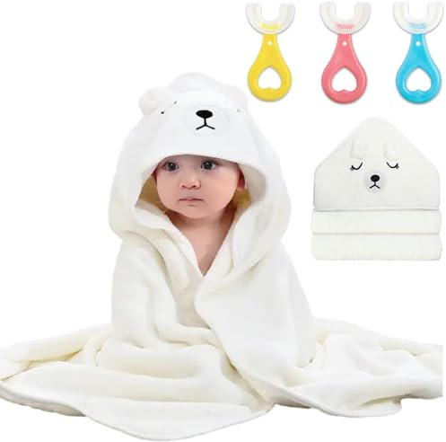 Serviette de Bain Bebe Serviette à Capuche BéBé au Design Unique en Forme d'ours Cape de Bain Bebe Serviette de Bain Super Douce et Absorbante pour Le Bain de BéBé de 0 à 3 Ans (Blanc)