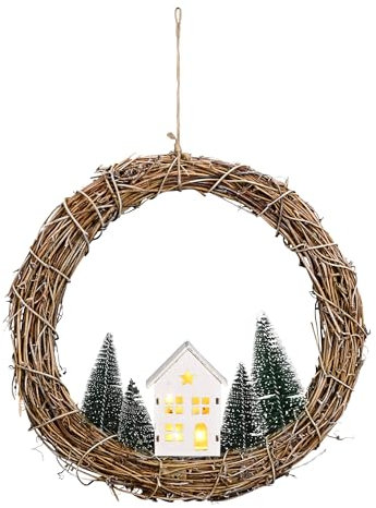 LED Weidenkranz mit Haus und Tannen Batterie betrieben - Ø 30 cm - Deko Türkranz mit Beleuchtung in warm weiß - Weihnachtskranz Dekokranz Fensterdeko Weihnachten Advent Kranz