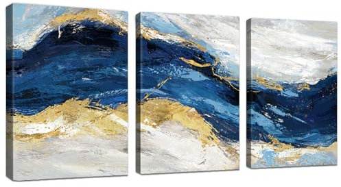 WENGTIAO Set of 3 Abstract Minimalist Blue Canvas Wall Art Prints Framed Pictures Navy Blue Sea Wave Gold Gray Painting on Canvas Living Room Bedroom Home Wall Decor Ready to Hang 30x40cmx3