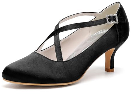 Womens Cross Strap Bridal Mary Jane Court Shoes Mid Kitten Heel Pumps Satin Almond Toe Party Wedding Dress Shoes 1195-45,Black,9.5 UK