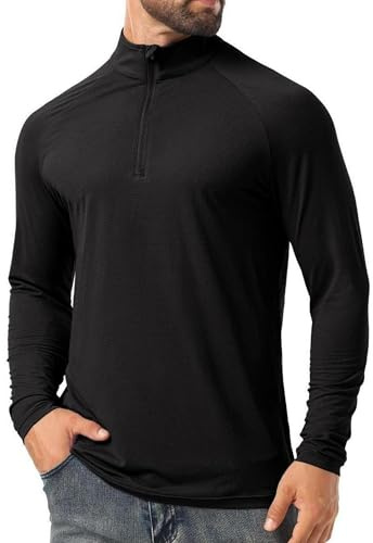 QIXING Män UPF 50+ solskjortor fjärdedel dragkedja långärmad utomhusskjorta fiske vandring utslag vakt t-shirts, 01svart, L