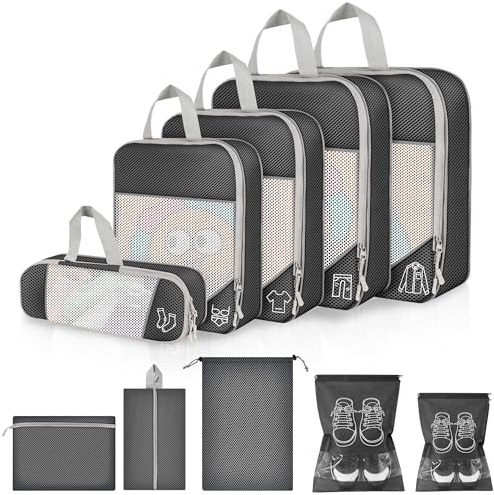 Juego de 10 Organizadores de Maleta de Compresión Negro, Cubos Organizadores con Malla, Bolsas para Equipaje XL L M S, Bolsa para Calcetines y Bolsa de Almacenamiento de 5 Piezas para Accesorios