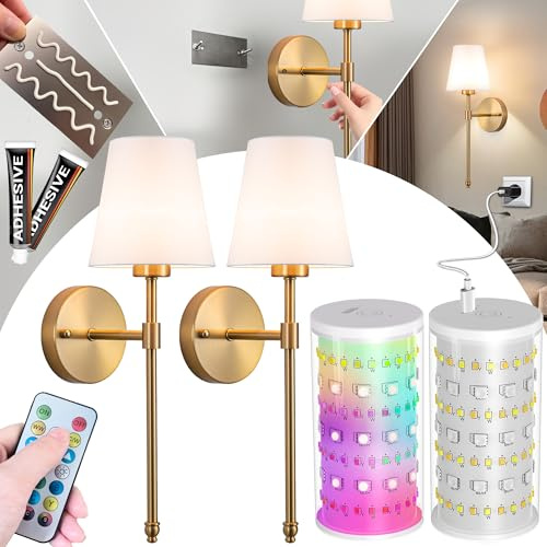Vimhou Peel and Stick Wall Sconces, Stick On Wall Sconce Set of 2, Battery Operated Wireless Wall Light, No Drill Adhesive Wall Lamp, Corn Bulb with 10000mAh Rechargeable Battery, Bedroom Wall Decor