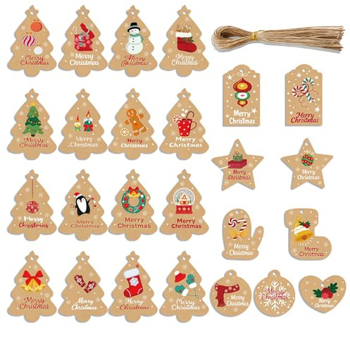 THXFUNAREA 50 Etichette Natalizie con Spago – Cartoncini Kraft per Pacchi Regalo, 25 Disegni, Bigliettini di Natale per Regali, Biscotti, Bomboniere e Fai-da-Te