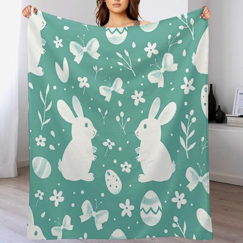 ArogGeld Rabbit Easter Eggs Wildflowers Green Soft Luxury Flannel Blanket Watercolor Bunny Colorful Floral Flannel Fleece Blankets Cosy Soft Warm Sofa Throw 70x80in