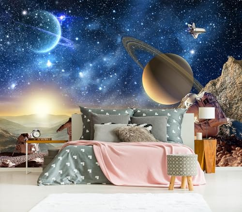 M07M Peel and Stick Galaxy Planet Wallpaper Astronaut Universe Starry Sky Boys Children's Bedroom Bathroom wall Mural- 118x85（69 Square Foot）