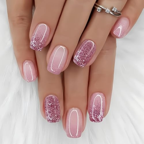 24pcs Short Coffin False Nails, Glitter Purple Pink Press on Nail,Removable Full Cover Acrylic Stick on Nails for Women,Nail Art Accessories (Pink,Purple Glitter)