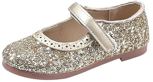 Sandalias con purpurina para niñas: zapatos Mary Jane con lentejuelas de princesa, zapatos planos de rendimiento suave, zapatos planos con tacón bajo para festivos, dorado, 29 EU