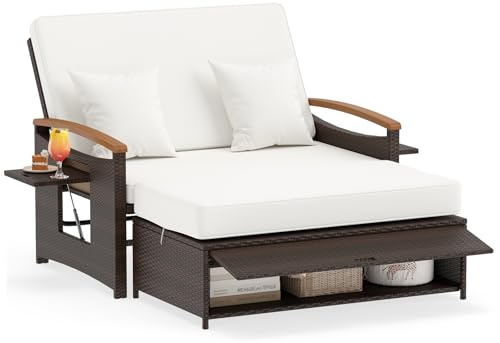 COSTWAY Canapé-lit en Rotin avec Ottoman de Rangement (Marron+Blanc) | Salon de Jardin 2 Places avec Bain de Soleil, Plateau Latéral Rétractable et Dossier Réglable sur 4 Niveaux