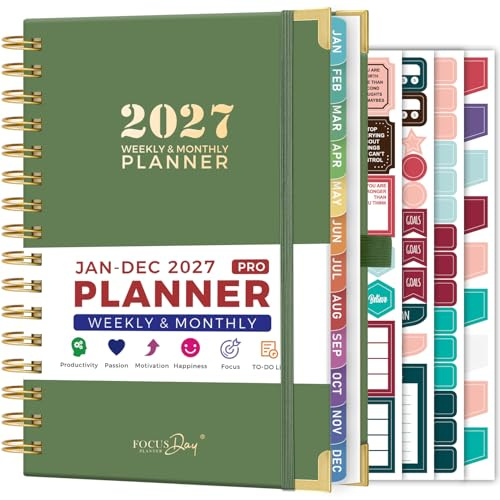 Diary 2027 Week to View, A5 (16.5 x 21.5 cm), Jan 2027 - Dec 2027, Weekly & Monthly Calendar Planner with Ruler, 4 Planner Stickers, Monthly Tabs, Daily Planner Notebook for Teachers Students, Green