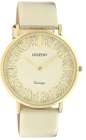 Oozoo Flache Vintage Damenuhr mit Lederband und glänzenden Elementen im Ziffernblatt 40 mm, C20126 - Gold/Gold/Gold, Riemen