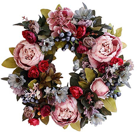 Hilai TüRkranz FrüHling, 35cm Haustür-Kranz, Artificial Peony Hydrangea-Blumen-Tür-Kranz All Seasons Blumenkranz Runde Reisig Rebe hängend für Urlaub auf dem Bauernhof Office Home Hochzeitsdeko