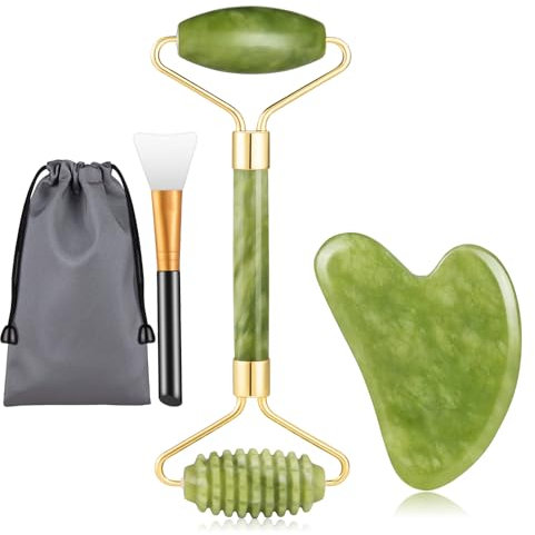 Jade Roller für Gesicht, Gua Sha und Maskenpinsel Gesichtsmassagegerät Set, Gesichtsroller Echte natürliche Gesichtsmassage Roller für Anti-Aging und Verjüngung Geschenk
