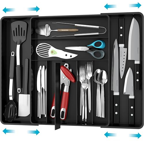 Simple Houseware Expandable Kitchen Drawer Flatware Organizer, Black – Adjustable Cutlery Tray with 9 Compartments for Utensils and Silverware