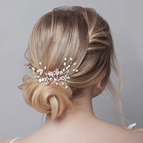 Brautschmuck, Etercycle Braut Kopfschmuck Hochzeit Haarspangen Kristall Haarnadeln Reben Blume Blatt Perle Haarschmuck für Braut (Roségold)