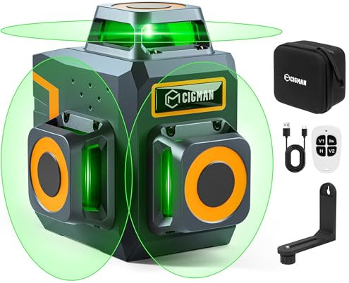 Nivel Láser verde CIGMAN CM701SE 3X360°, Nivel Automático Profesional, Batería de Litio Recargable por USB, Equipado con control remoto para operación remota, Brillo Ajustable, Modo Pulso, IP54