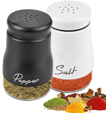 Set di sale e pepe, 120 ml, con fondo in vetro, saliera in vetro, con coperchio in acciaio inox, per casa, cucina, ristorante, tavolo da pranzo (bianco e nero)