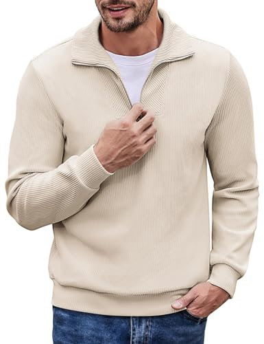 COOFANDY Herren Pullover mit Half Reißverschluß Pulli Langarm Business Troyer Beige XL
